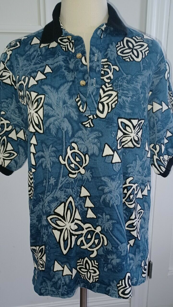 Vintage Hawaiian Barkcloth Polo Shirt Popover Ringer Aloha Tribal
