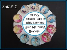 Disney Princess Clip On Earrings  Matching Spiral Coil Bracelet W/ Snap Buttons