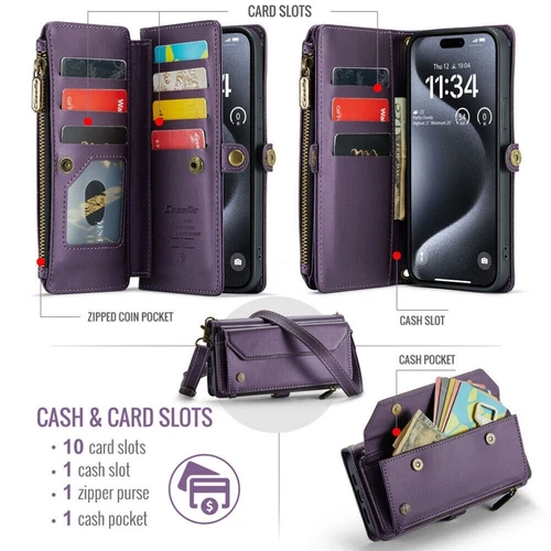 For iPhone 16 15 14 13 12 Pro Max Plus Case Wallet Leather ZIP Bag Strap Cover - Picture 26 of 84