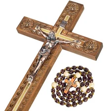Hand Carved Crucifix Wall Cross for Home Decor - Wooden Catholic Wall Crucifi...