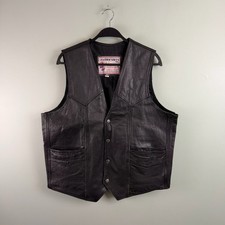 Leather Sheen INC. Black Leather Biker Vest Size 44 Snap Button XL Motorcycle
