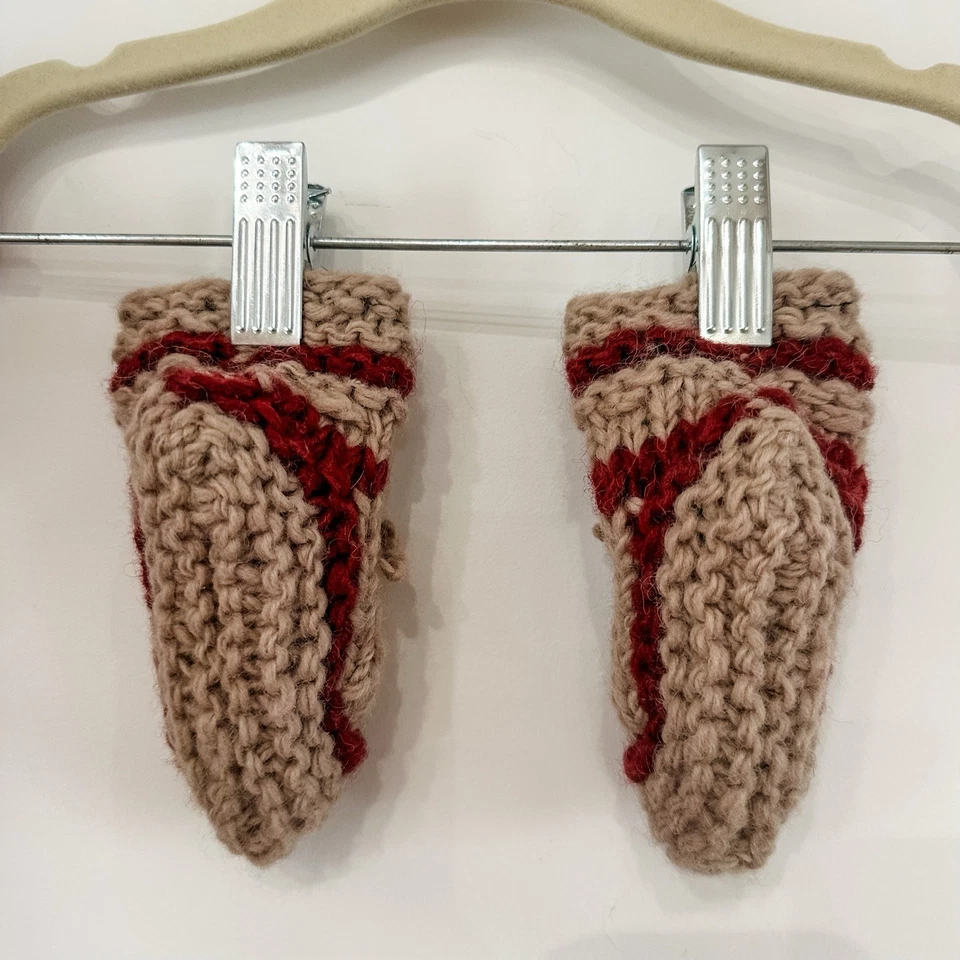 Knit Baby Booties 6-12 Mos Beige Burgundy Maple Leaf Lined Booties Handmade Wool - Image 2 of 4