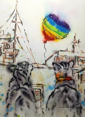 Peinture originale aquarelle chats et coeur arc-en-ciel ballon, art des... - Photo 1/2
