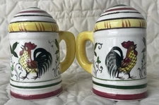 Vtg UCAGCO Rooster & Roses S&P Shakers Ceramic Handpainted Set of 2