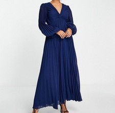 ASOS DESIGN Navy Blue Pleated Twist Front Long Sleeve Midi Dress Size 16 NWT