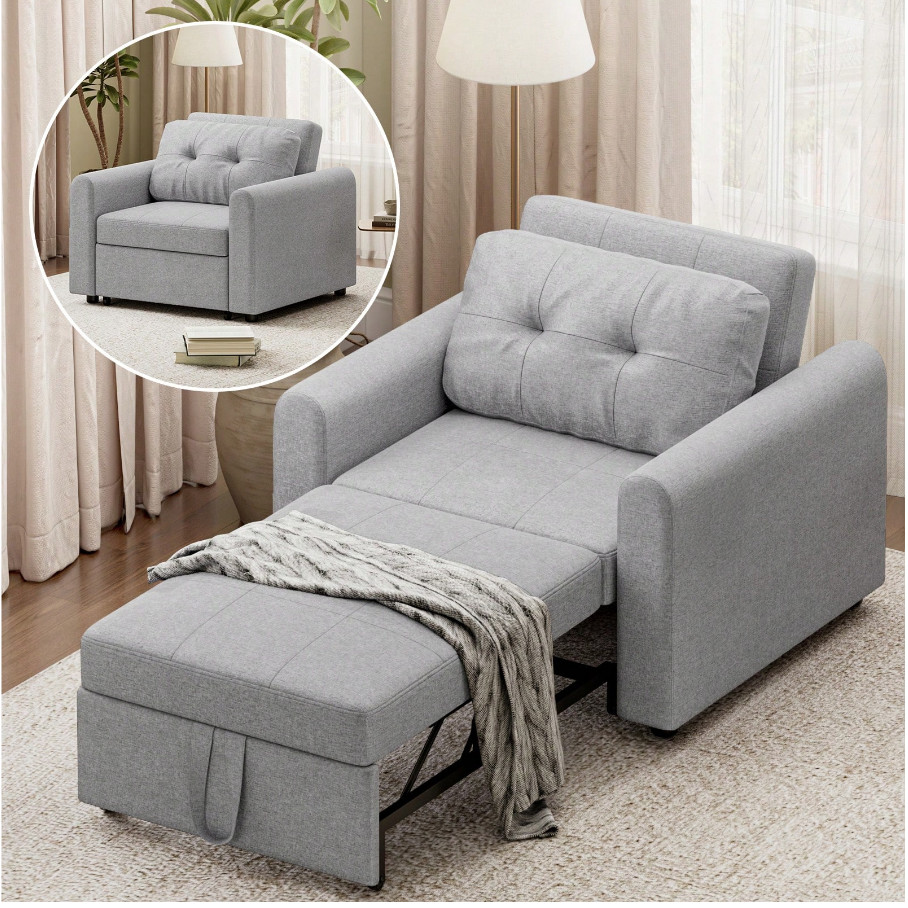 HOMCOM Linen Chair Bed, 3-in-1 Convertible Sleeper Chair with Adjustable Backrest, Pillow, for Living Room, Bedroom, Grey 35 3-in-1 Multifunction Folding Sofa Bed Convertible Sleeper Armchair Chair Grey