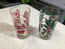 Vintage Christmas Boscul Peanut Butter Glasses.  Holly & Berries.  Santa w/List