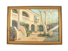 Mid Century Spanish-style Courtyard Oil Painting Signed Illegible