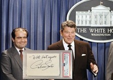 ANTONIN SCALIA SIGNED AUTO AUTOGRAPH SCOTUS CUT W/RONALD REAGAN PHOTO PSA/DNA