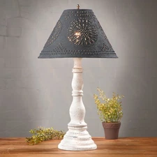 DISTRESSED WHITE TABLE LAMP & 15" Punched Tin Shade - Primitive Handmade Light