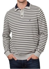 Nautica Sweater Men Medium Gray Blue Striped Cotton Knit Pullover Crewneck