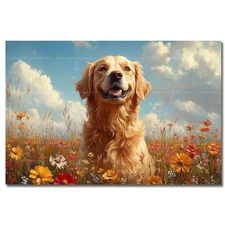 GOLDEN RETRIEVER FLOWER FIELD ART PRINT, Dog Poster, Puppy Floral Home Decor