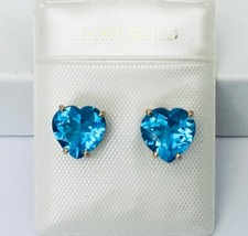 Solid 14K Yellow Gold  Natural 8 mm Heart Blue Topaz Gemstone Stud Earrings NEW