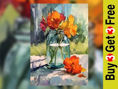 Orange Garten Blumen 5''x7'' Druck auf mattem Papier | Sommer Glas Stillleben Kunst
