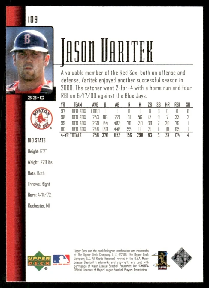 2001 Upper Deck #109 Jason Varitek Boston Red Sox - Image 2 of 2