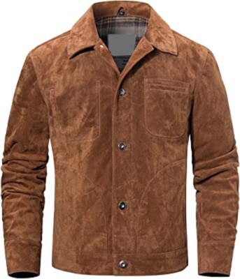 Men's Soft Sheepskin Suede Leather Buttoned Downed Jacket Brown Casual Wear Coat