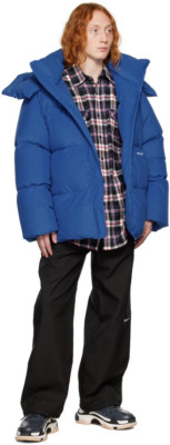 New Off-White Men Bounce Logo Hooded Quilt Down Puffer Jacket Size L Blue-$2555