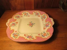 ANTIQUE HAND-PAINTED PINK & WHITE FLOWERED ENGLISH DOUBLE-HANDLED CAKE PLATE