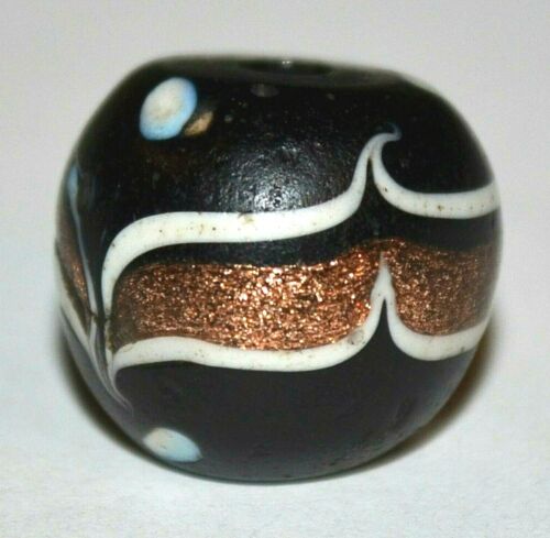 Antique Venetian Black Lampwork Feather Eye Bead Gold & White Deco African Trade - Picture 1 of 6