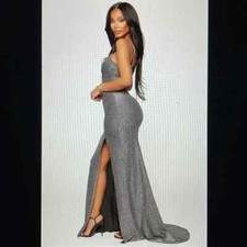 Shining Tonight Silver Metallic Maxi Dress Formal Bodycon  Party Fishtail Size M