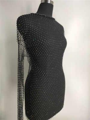 black long sleeve mesh diamond dress Long Sleeve High Slit Black Mesh Silver Rhinestone Dress