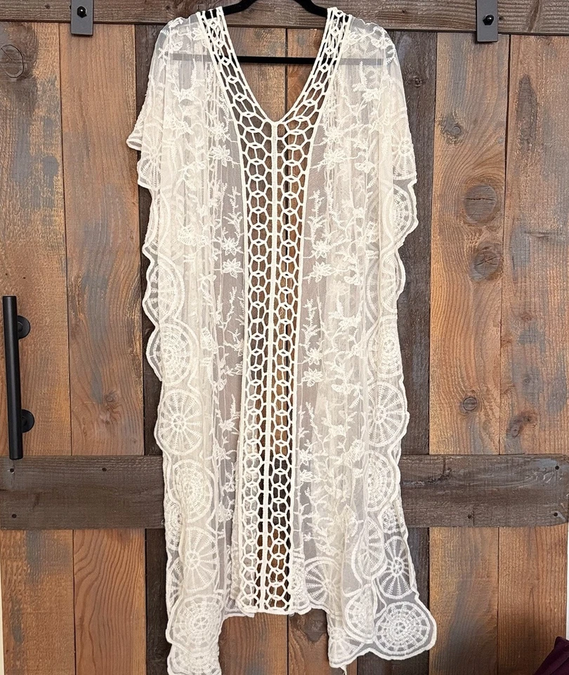 Sheer Lace Kimono Duster Cardigan Festival Cover Up Plus Free One Boho Ivory - Image 4 of 4