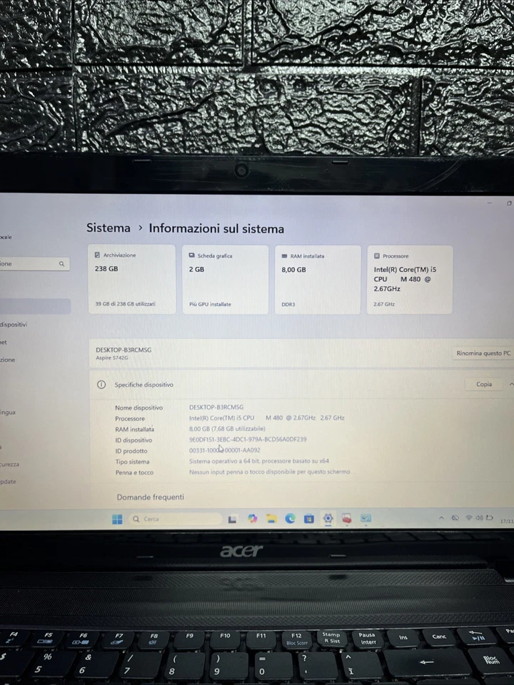 Notebook Acer 2017 15p (Intel Core I5 8gb ram Ssd240gb Nvidia Gf )Windows 11 Pro - Immagine 4 di 4