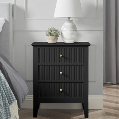 Modern Fluted Black Nightstand with 3 Drawers for Bedroom or Living Room