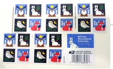 Book of 20 USPS Forever Stamps Winter Woodland Animals 2022 FV $15.60, Now $11