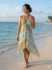 Boho High Low Beach Dress Halter neck Animal Leopard Print Handkerchief Hem
