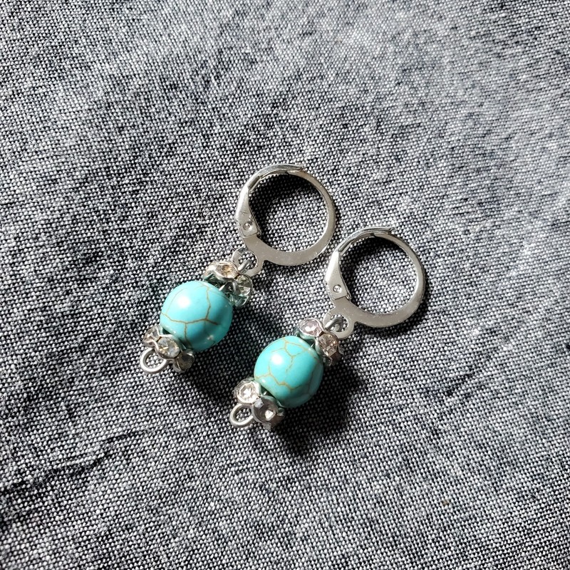 Faux Turquoise and Rhinestone Handmade Upcycled Earrings, silver tone leverback