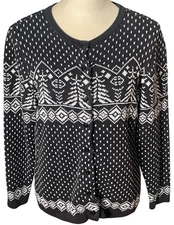 Christopher & Banks Fair Isle Womens Sz M Button Up Sweater Trees Nature EUC