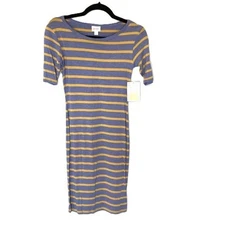 LuLaRoe Julia Bodycon Sheath Dress XXS Horizontal Stripes Denim Blue Yellow