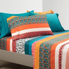 Boho Stripe Soft Sheet Set 6 Piece King Turquoise and Tangerine Bedding Comfort