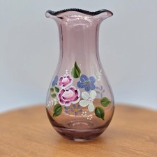 Vintage Fenton Amethyst Purple Glass Hand painted floral Vase