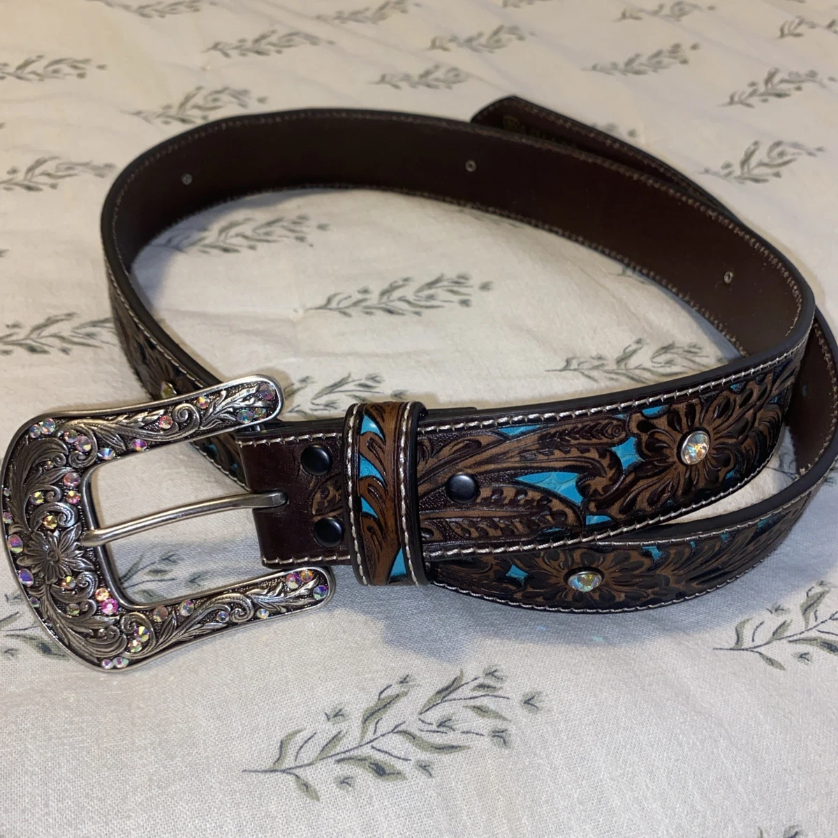 Ariat Beaded Studded Western Cowgirl Belt Embellished EUC Sz M Black Leather Ariat Leather Beaded Belts for Women for sale | eBay main image 2