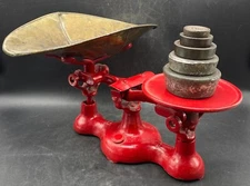 Antique Red Cast Iron General Store Candy Balance Scale with Basket #4