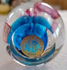 Dynasty Gallery 1951 Art Glass Clear Paperwgt Approx 2". Blue And Pink Color
