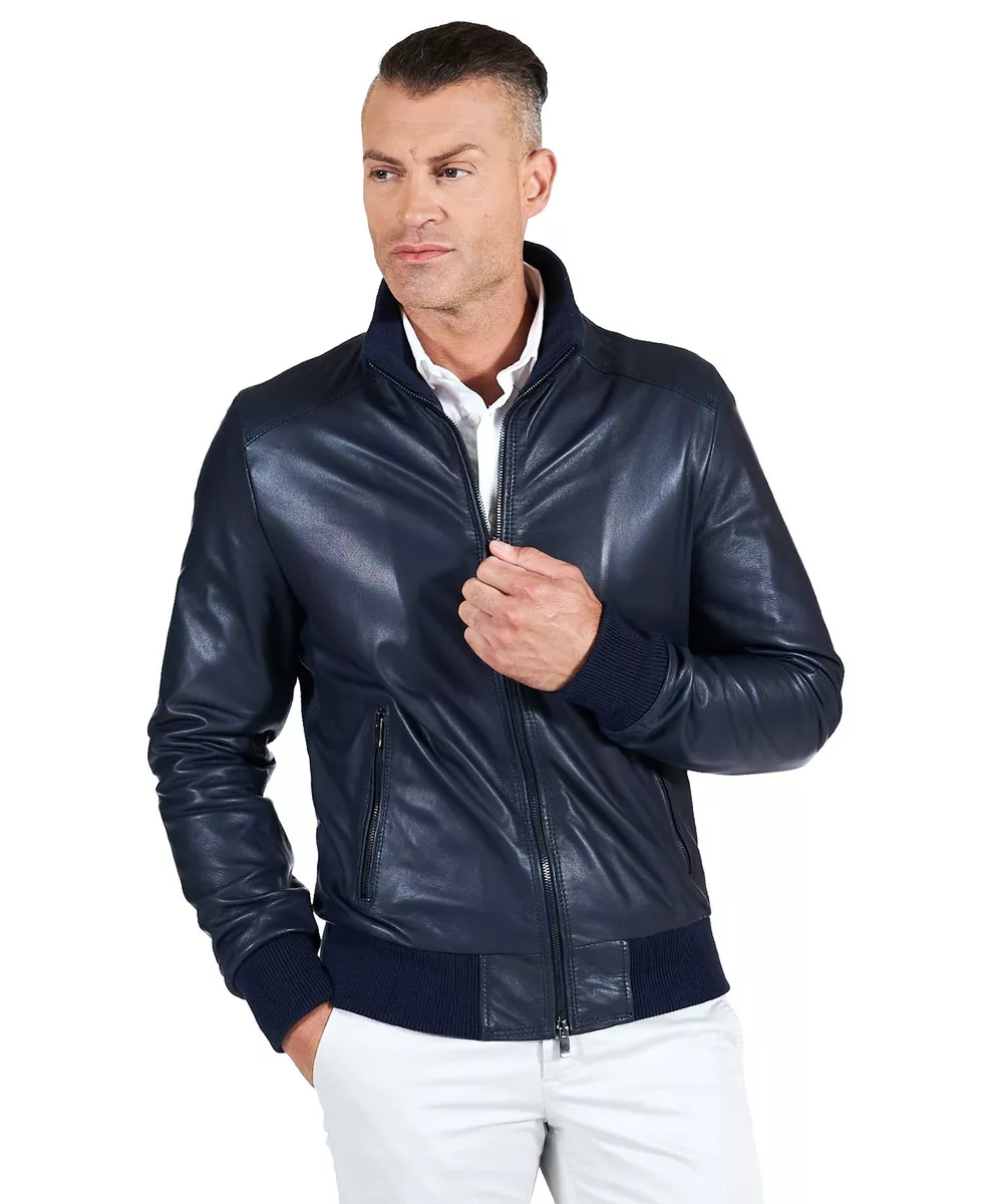 Giubbotto di pelle blu uomo top
