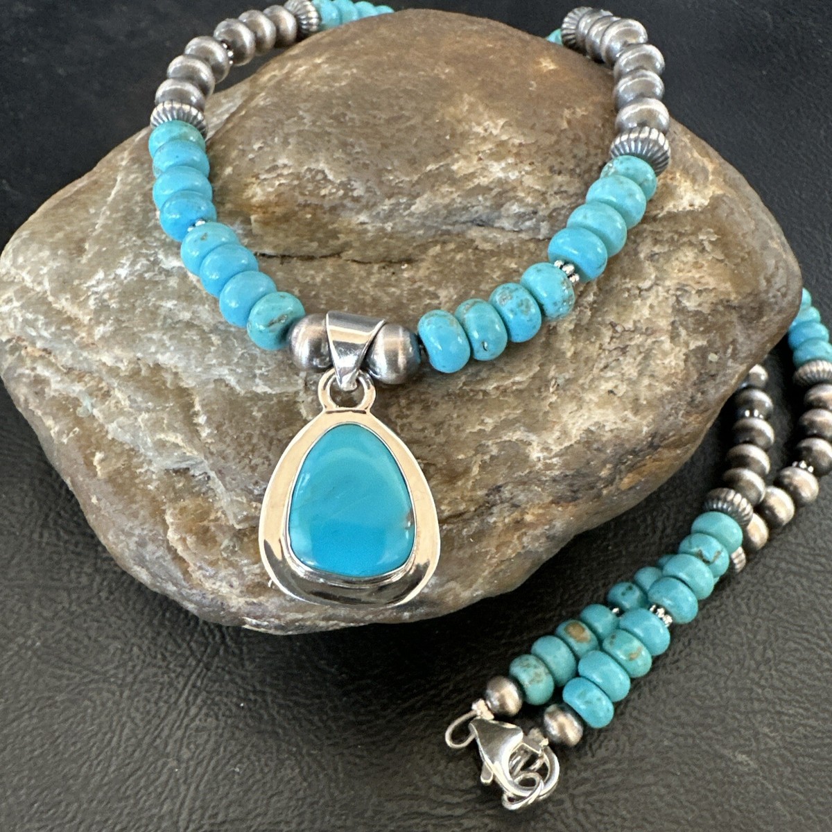 Mens Blue Kingman Turquoise Pendant Navajo Sterling Silver