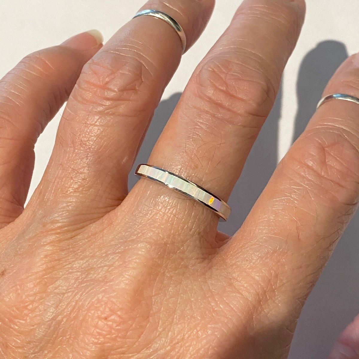 Sterling Silver White Lab Opal Band Ring, October Birthstone Rings