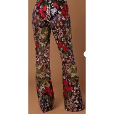 Fashion Nova luxe Erin Embroidered Flare Pants Black Floral sheer M boho whimsi