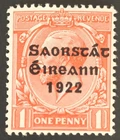 IRELAND 1922 'S' OVER 'E' 1d THOM SAORSTAT OVERPRINT VARIETY HIB T48j/k CAT €25