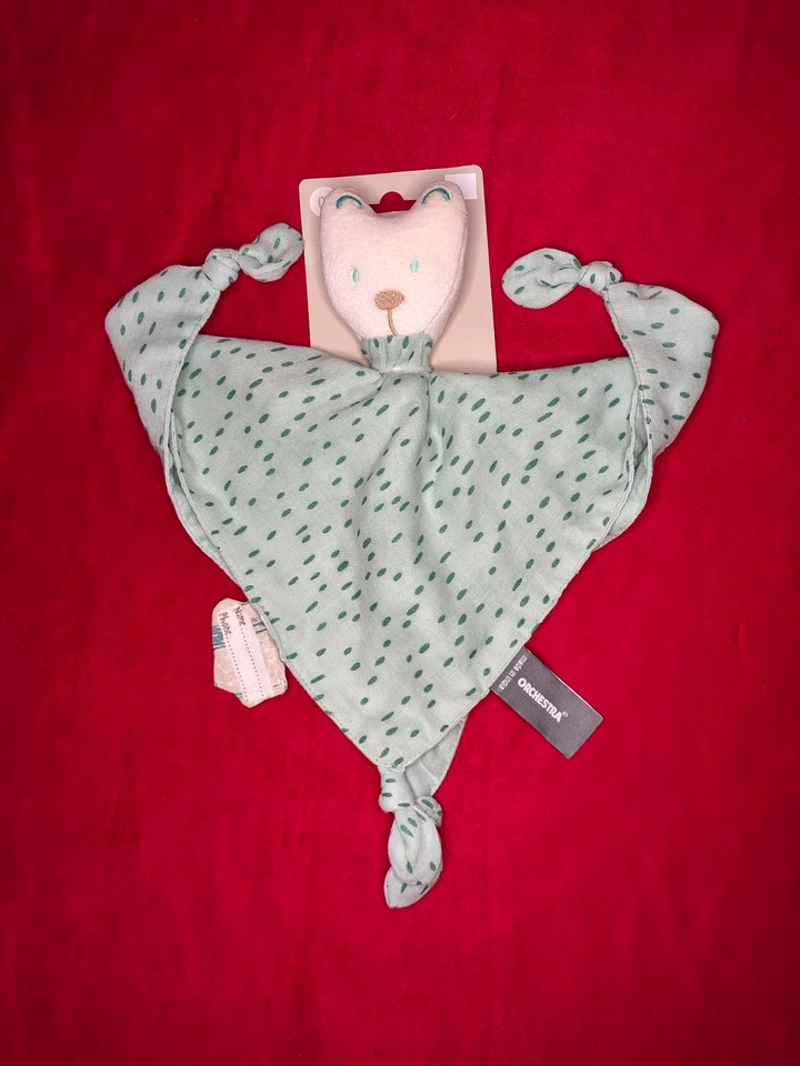 Doudou Lange Carré Chat Blanc Bleu/Vert D'eau Tacheté Nœuds - Orchestra Prémaman - Photo 1/1