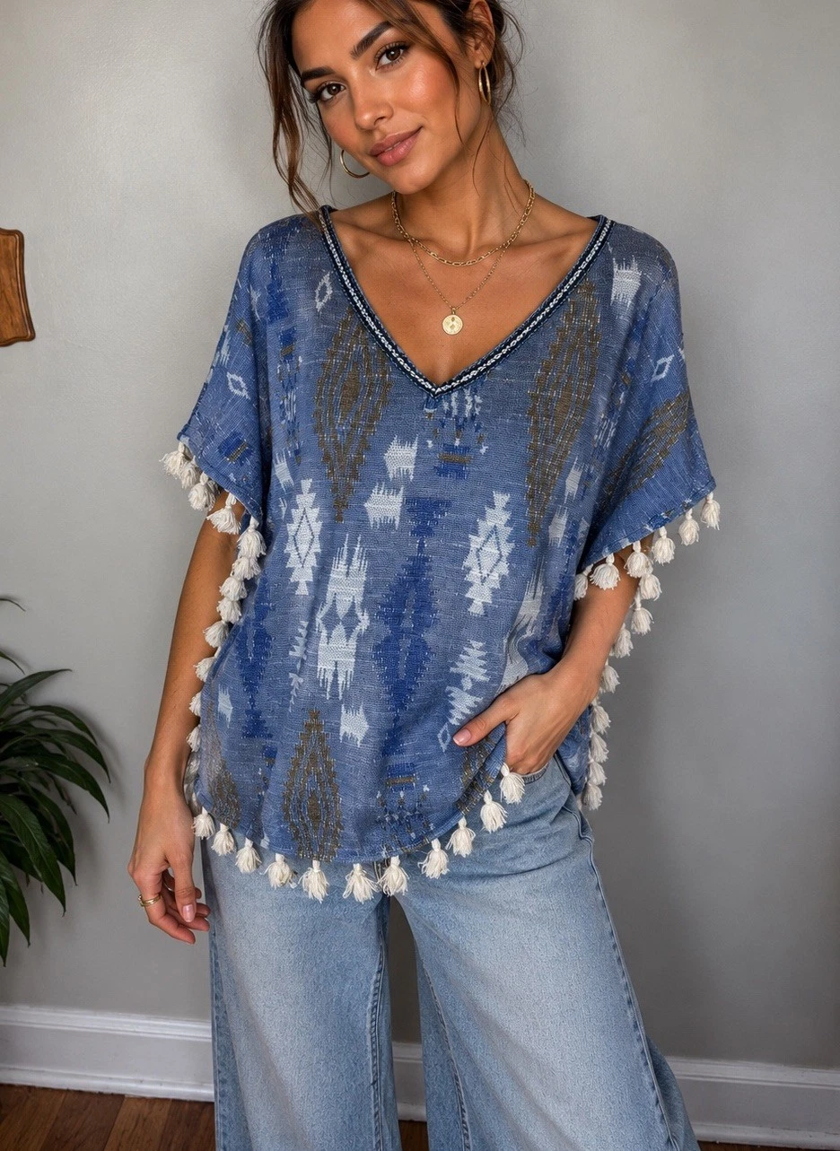 Hollister Oversized Blue Tassel Tribal Poncho One Size Light Weight Knit Top
Opens in a new window o