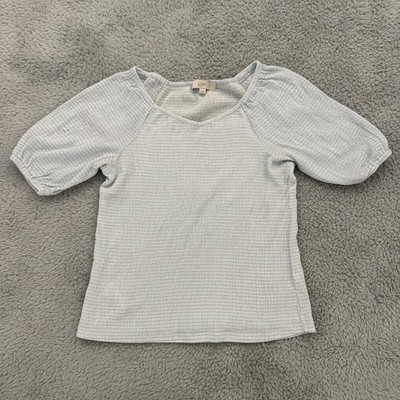 LOFT Women's Blue White Textured Puff Sleeve Top - Size S b82