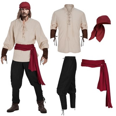Men's Pirate Costume Set 4 PCS Medieval Renaissance Shirt Viking Pants L Z3601F