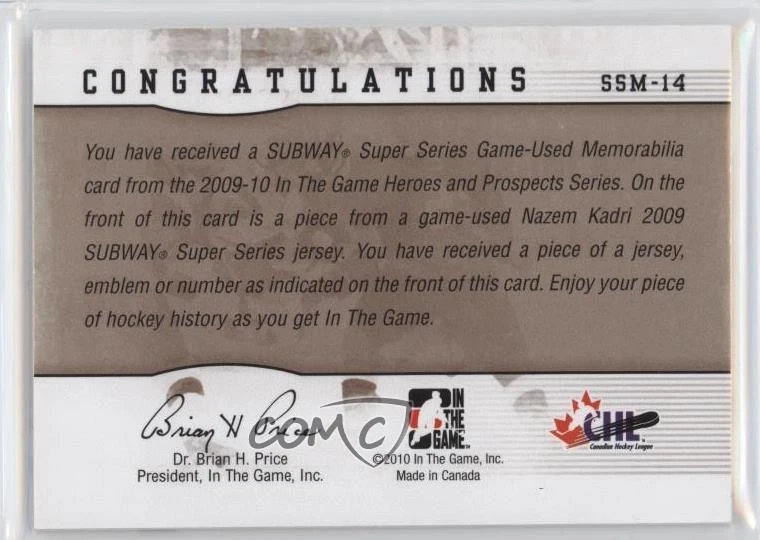 2009-10 ITG Heroes and Prospects Subway Super Series Jersey Silver Nazem Kadri - Image 2 of 2