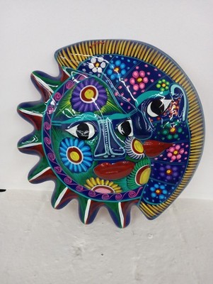 Mexican Sun Moon Face Eclipse Folk Art Talavera Pottery Hand Painted