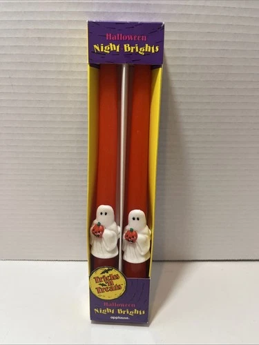 2 Pk Vintage Halloween Novelty Ghost Taper Candlesticks 10" Orange & White NOS - product listing photo